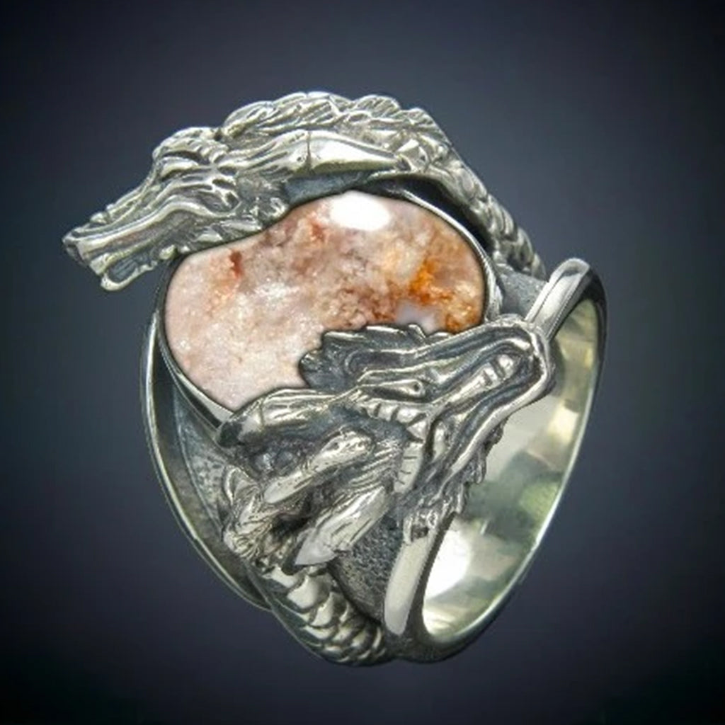 Lodolite-dragon ring silver