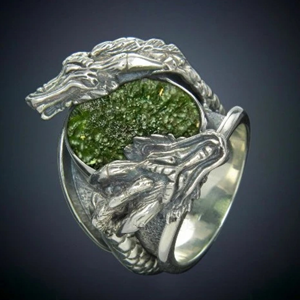 Moldavite-silver dragon ring